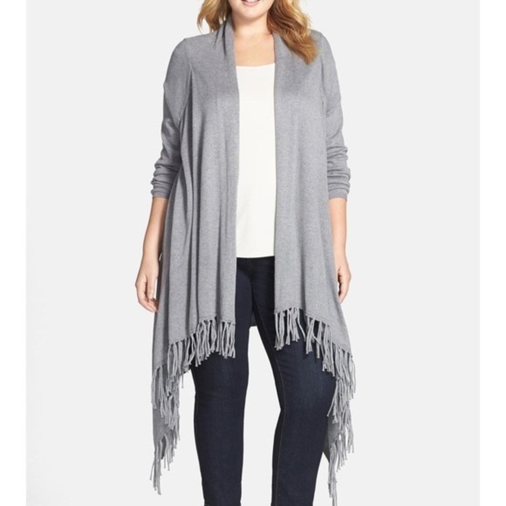 Melissa McCarthy Seven7 Gray Fringe‎ Cardigan Sweater Waterfall Duster Size 2X